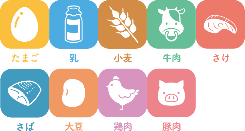 たまご・乳・小麦・牛肉・さけ・さば・大豆・鶏肉・豚肉